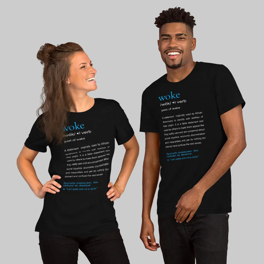 A man and a woman smiling and wearing black crew neck t-shirts with the word 'woke' printed in blue text, along with a definition and a phrase.