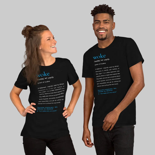 A man and a woman smiling and wearing black crew neck t-shirts with the word 'woke' printed in blue text, along with a definition and a phrase.