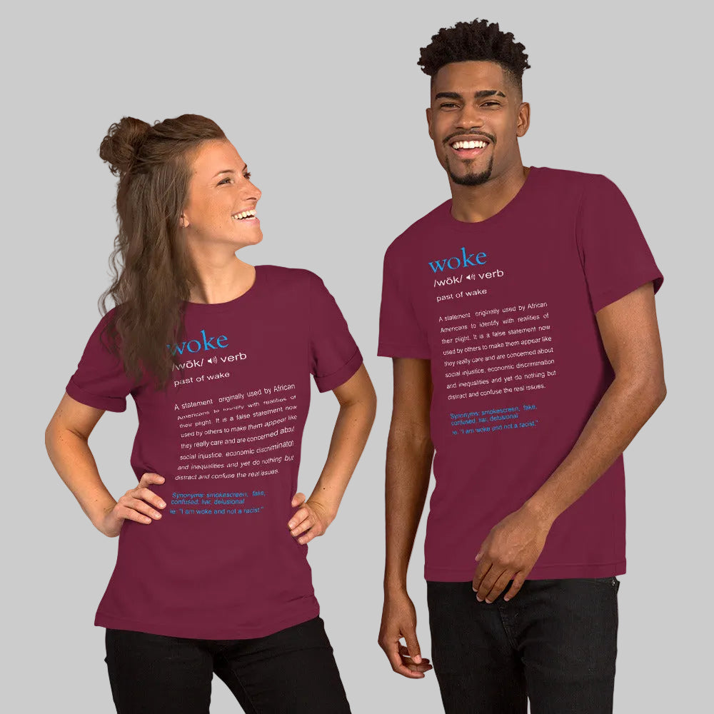 A man and a woman smiling and wearing maroon crew neck t-shirts with the word 'woke' printed in blue text, along with a definition and a phrase.