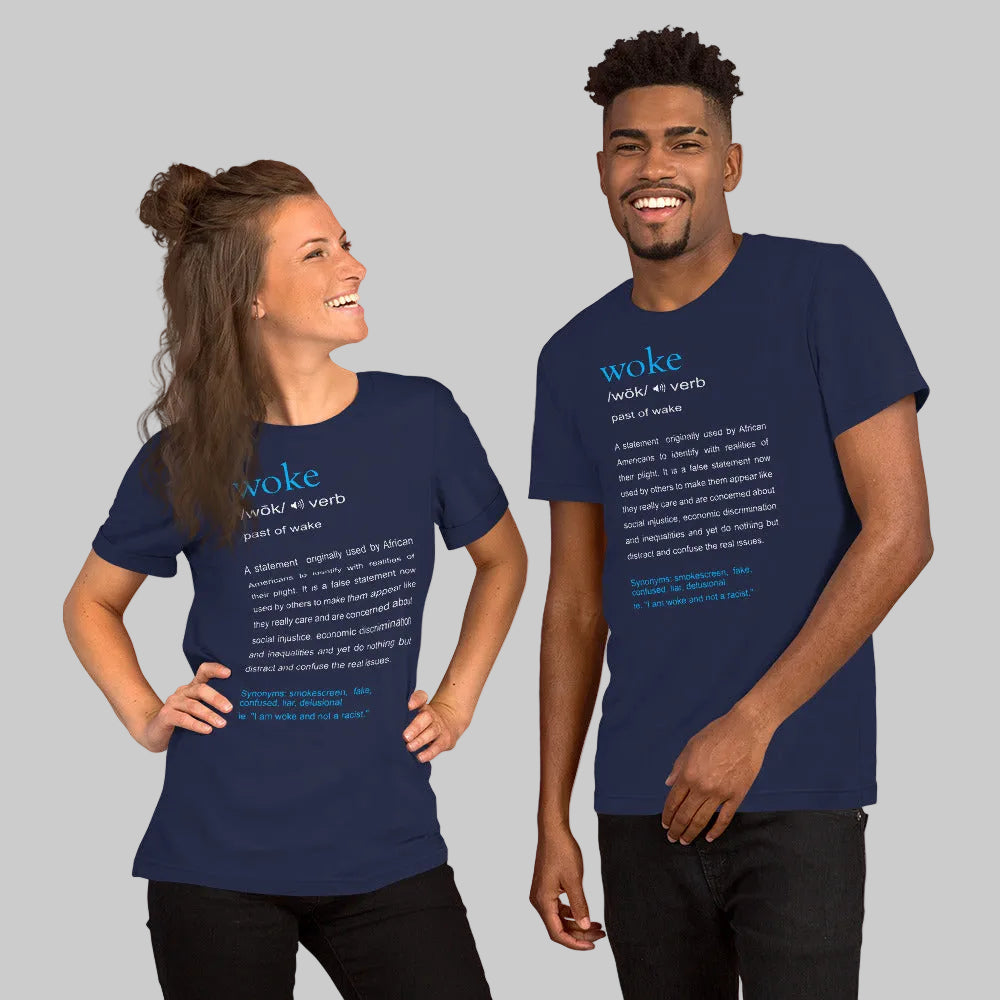 A man and a woman smiling and wearing navy crew neck t-shirts with the word 'woke' printed in blue text, along with a definition and a phrase.