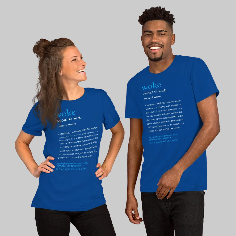 A man and a woman smiling and wearing blue crew neck t-shirts with the word 'woke' printed in blue text, along with a definition and a phrase.